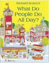 Boekomslag van Richard Scarry's 'What Do People Do All Day?', met een kleurrijke tekening van een stad met dieren.