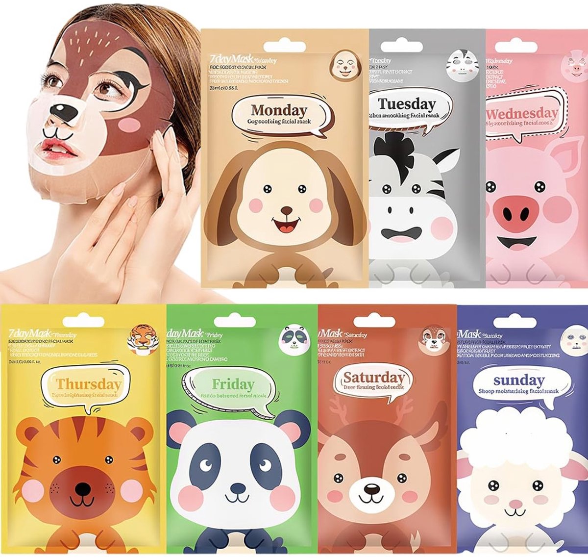 Dailygoods- Gezichtsmasker Hydrateert - Doekmasker - Kalmerend - Voedend - Dierenmasker - Yamswortelextract - 7 Soorten - Hydraterend Masker