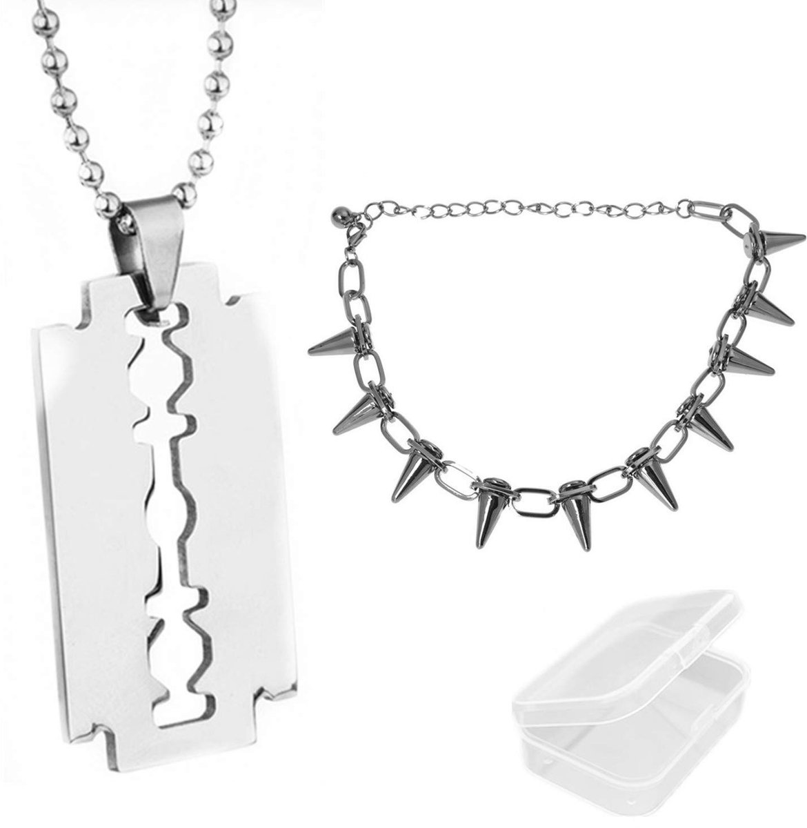 Dailygoods- Halsketting Punk - Zilveren/Kleurige Choker - Metalen Spikes - Hanger Kettingen - 2 Stuks - Inclusief Opbergdoos - Sieraden