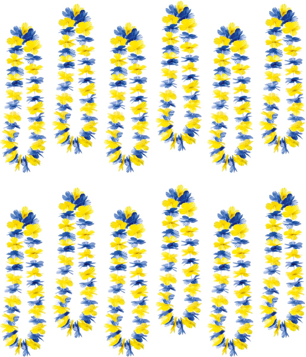 48x Hawaï Bloemenkrans Blauw-Geel – Hawaïaanse Lei – Set van 48 stuks – Themafeest, Zweden Midsommar & supporters versiering