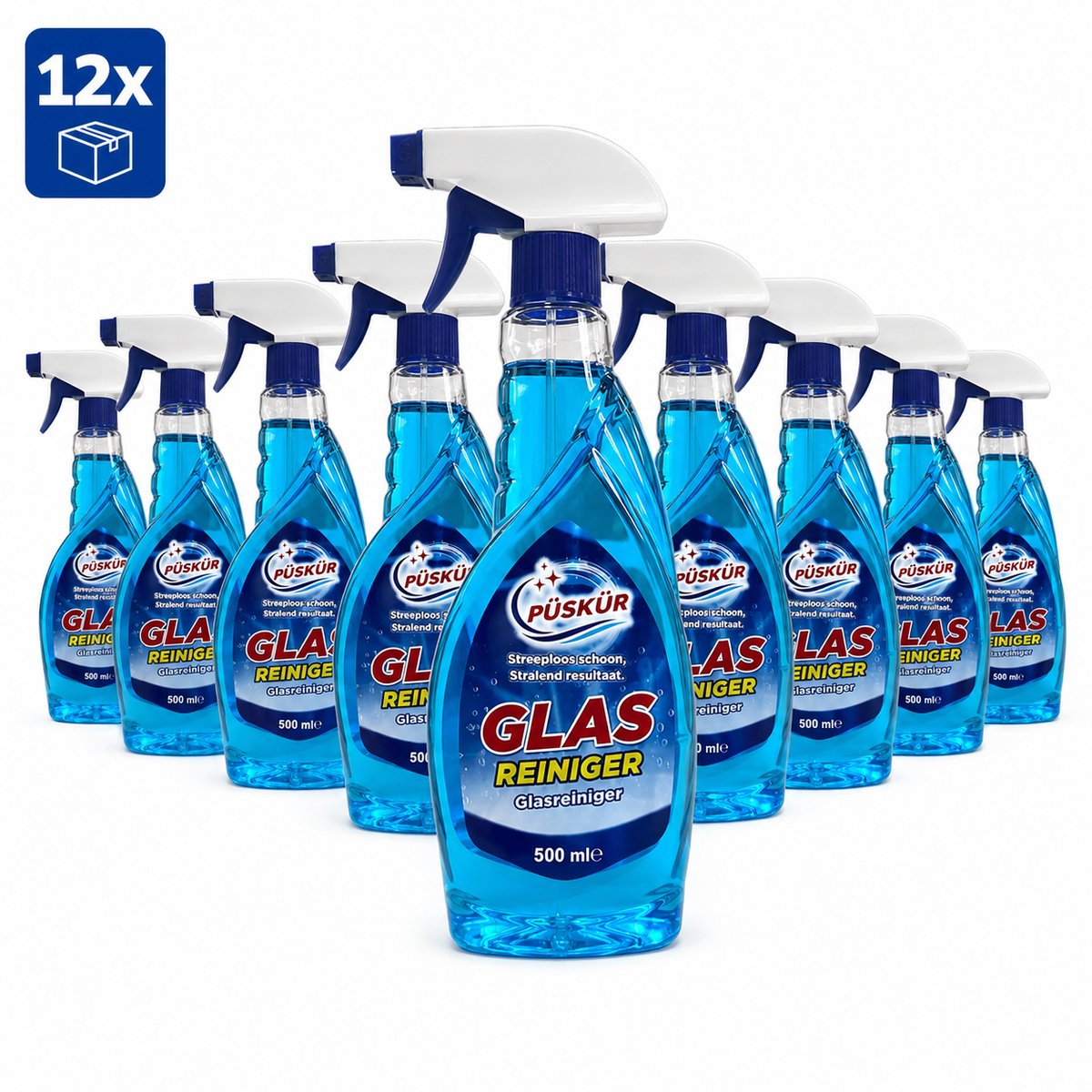PÜSKÜR Glasreiniger Spray – 12 x 500 ml – 6 Liter Voordeelverpakking – Glasreiniger voor Ramen, Spiegels en Glazen Oppervlakken