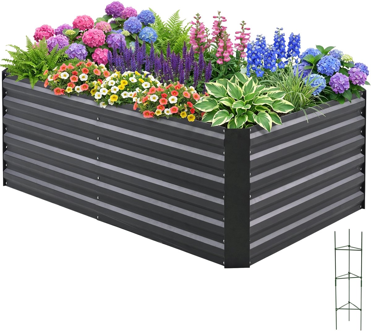 Quictent Verhoogde Kweekbak 180 x 90 x 62 cm – Metalen Moestuinbak van Verzinkt Staal met Tomatensteunen, Grijs