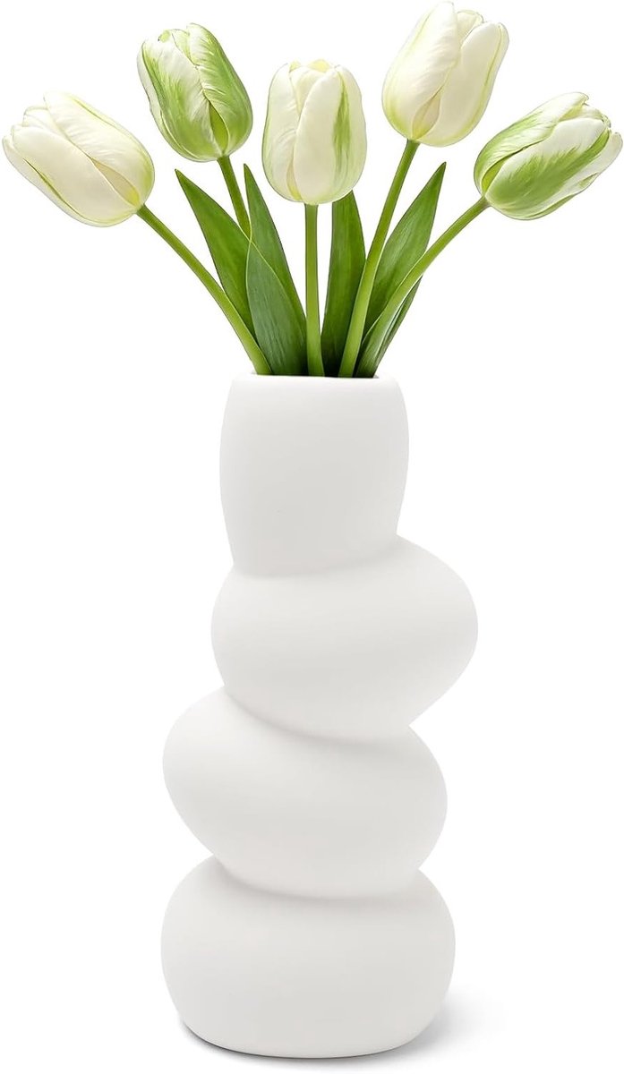 Ceramische Vaas voor Bloemen met Ruwe Steenstructuur, Boho Sculpturale Vaas voor Pampasgras en Droogbloemen, Handgemaakt in Mat Wit, Ongeveer 20 cm Hoog