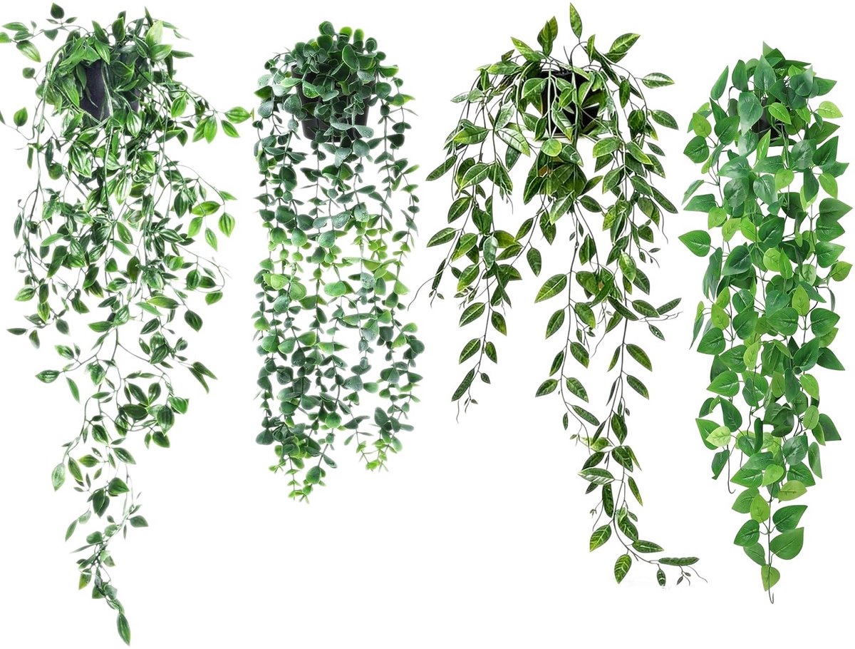 Dailygoods- Kunsthangplanten Set van 4 - Levensechte Kunstplanten - Decoratieve Planten voor Binnen/Buiten - UV-bestendig - Zwarte Potten - Onderhoudsvriendelijk
