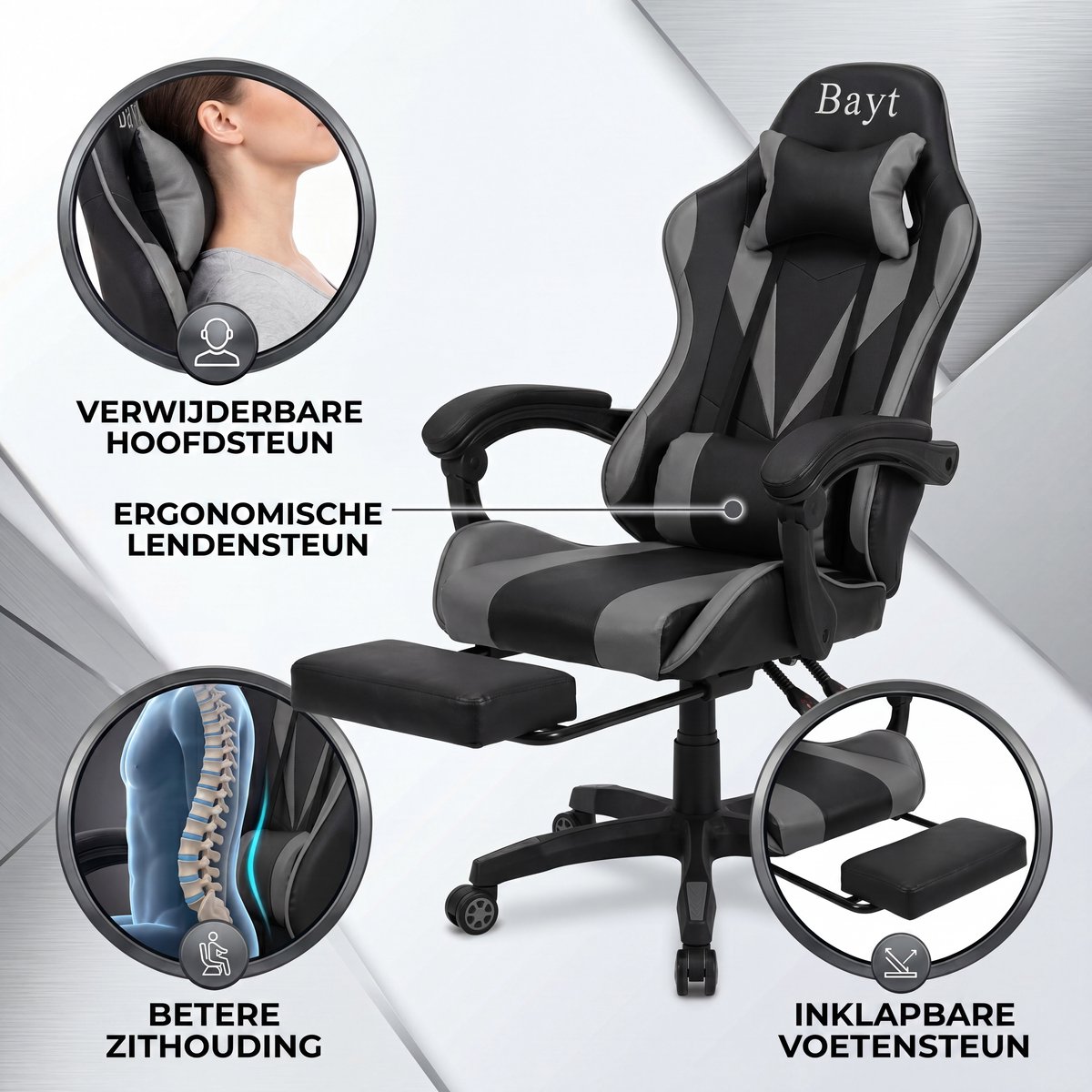 Bayt Gamestoel - Gaming Chair - Gamingstoel - Ergonomische Bureaustoel - Verstelbaar - Zwart en Grijs – foto 4