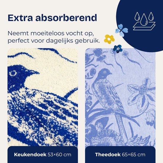 Torchons (53x60cm) et essuie-thé (65x65cm) avec motifs d'oiseaux et de fleurs bleu Delft.