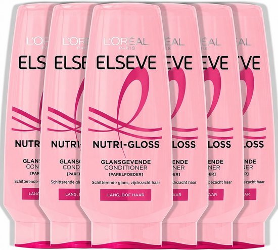 Six flacons roses de L'Oréal Elseve Nutri-Gloss avec logo nacré et texte 'Glansgevende Conditioner'.