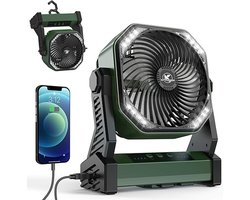 Campingventilator met LED lantaarn – 20.000 mAh accu – oplaadbare tentventilator – USB ventilator – ventilator met verlichting – draagbare camping fan – met ophanghaak – voor kamperen – vissen – outdoor – legergroen