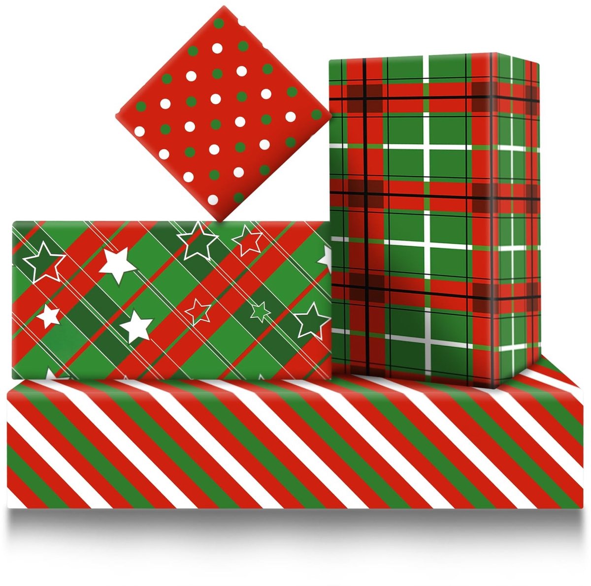Dailygoods- Kerstinpakpapier 4 Vellen - Rood/Groen - Patroon Stippen/Sterren - 50 x 71 cm - Multifunctioneel - 80 GSM Kwaliteit - Cadeaupapier
