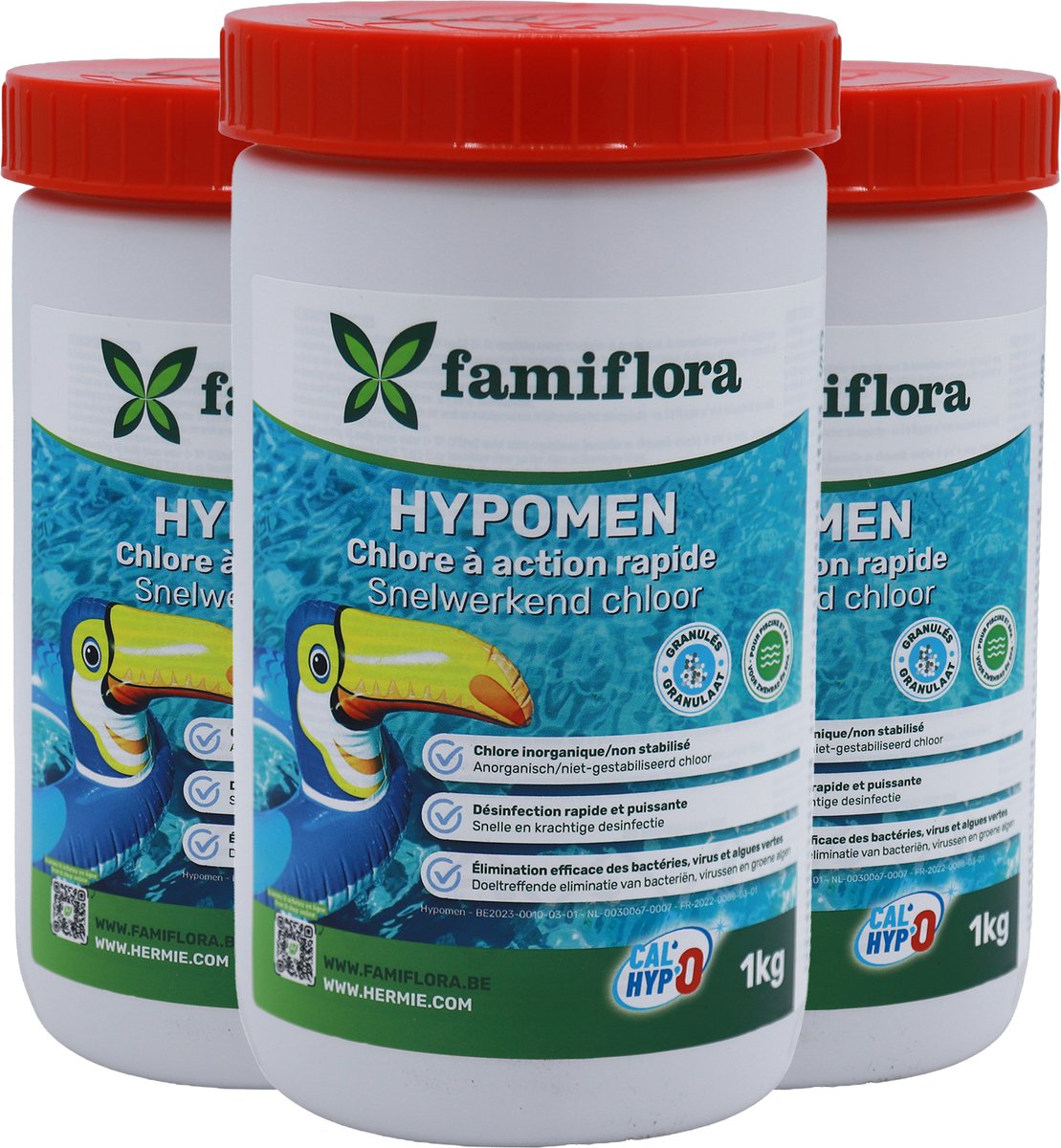 Famiflora - Snelwerkend anorganisch chloor 3KG (3 x 1kg) - granulaat - niet-gestabiliseerd chloor - Snelle werking - Snel gebruiksklaar - Efficiënte desinfectie