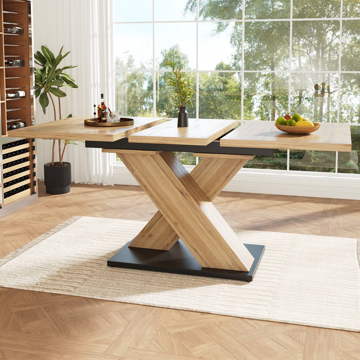 DESMIU Eettafel Uitschuifbaar Met Kruisvormige Poten En Houtnerf Voor Keuken En Woonkamer