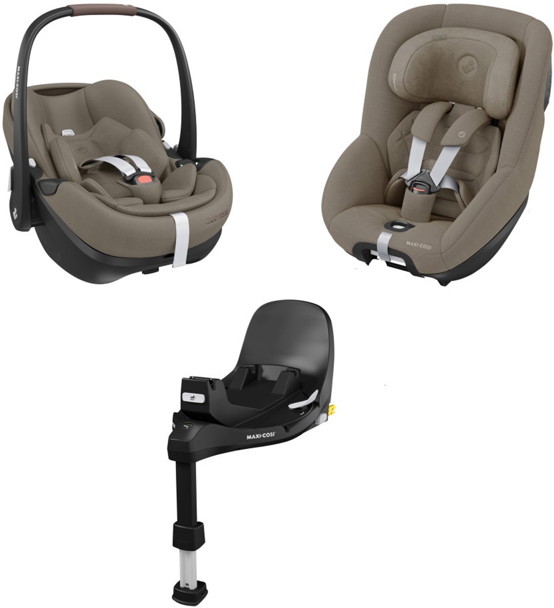Maxi-Cosi 360 Pro Family bundel - Inclusief Pebble 360 Pro², Pearl 360 Pro-autostoelen met uitschuifbare, draaibare FamilyFix 360 Pro-base - vanaf de geboorte tot 4 jaar, Truffle