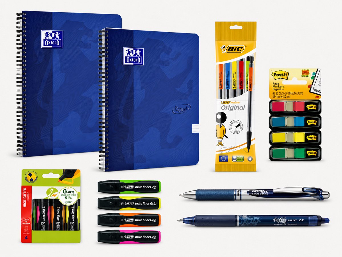 Back to School - Schoolset - Spiraalblok A4, Pennen, Markeerstiften, Indextabs & Vulpotloden - Blauw
