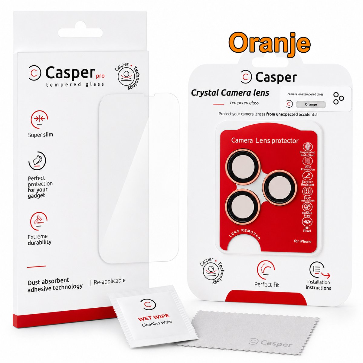 Casper Pro Beschermingsset voor iPhone 17 Pro – Gehard Glas Screen Protector + Camera Lens Protector (Oranje)