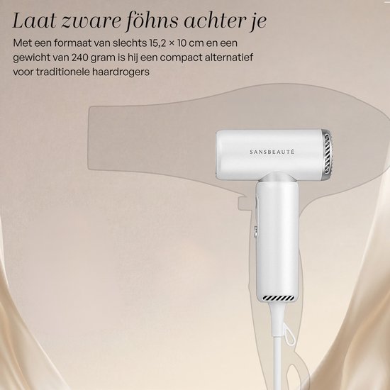 Sansbeauté® Föhn met Diffuser - EssentiaPRO Mini - Reisföhn met Opzetstukken - Reishaardroger - 110.000RPM - Sèche Cheveux - Ionische Haardroger met Borstel - Haarföhn met Defuser - Blow Dryer - Kappersfohn - 1300W - 220-240V
