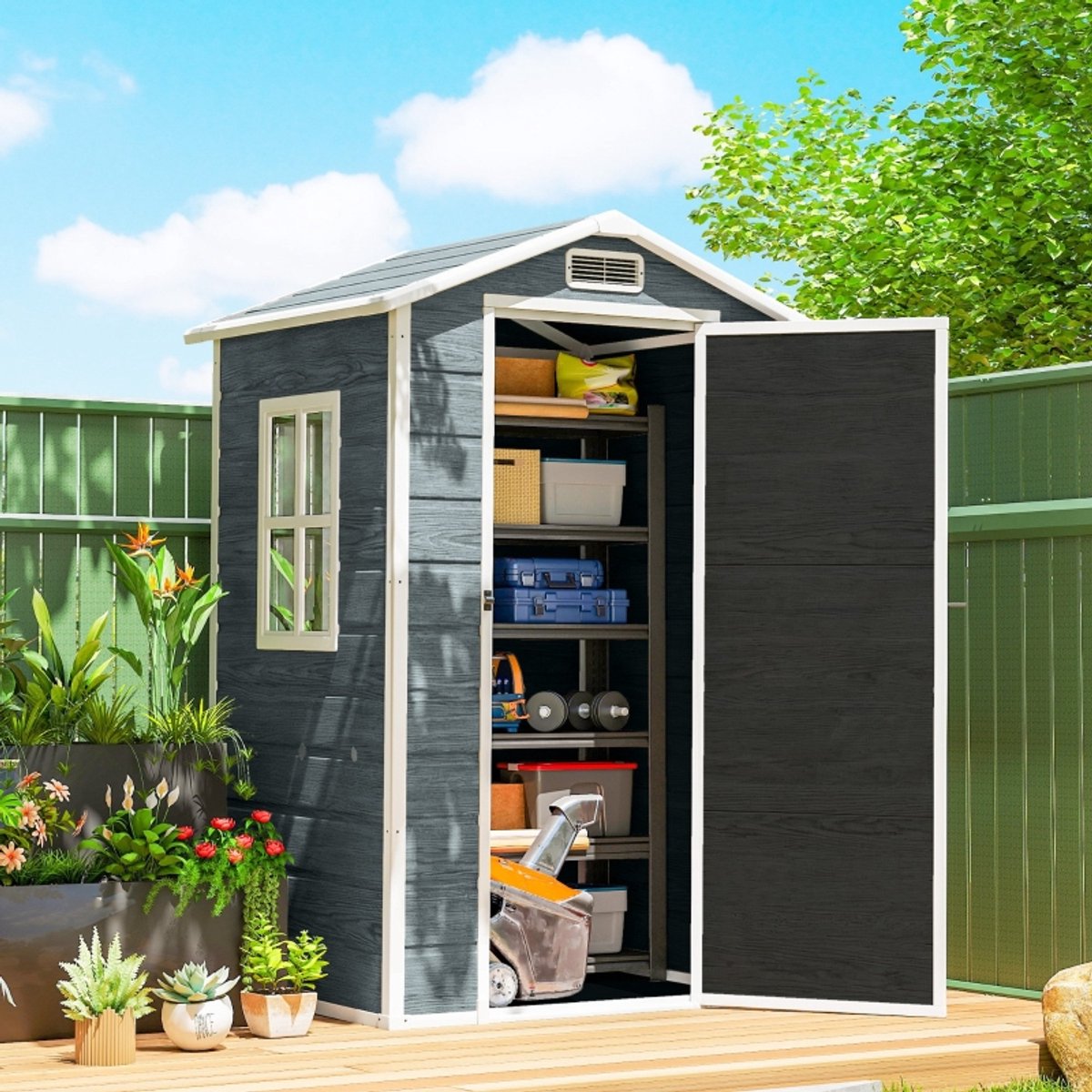 Tuinhuis Metaal, Metalen Schuurtje, Tuinberging Metaal, Gereedschapshok, Buitenopslag Schuur, Tuinschuur 1.1 m² Gereedschapsschuur Met Houtlook Raam Zadeldak Ventilatie Vloer Slot Handschoenen Grijs