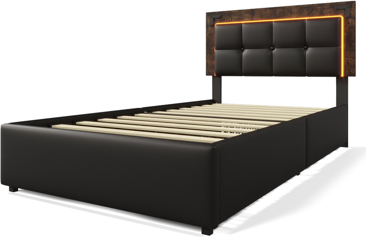 COVREO Bedframe 90x200 cm zwart kunstleer, LED, 4 lades, zonder matras