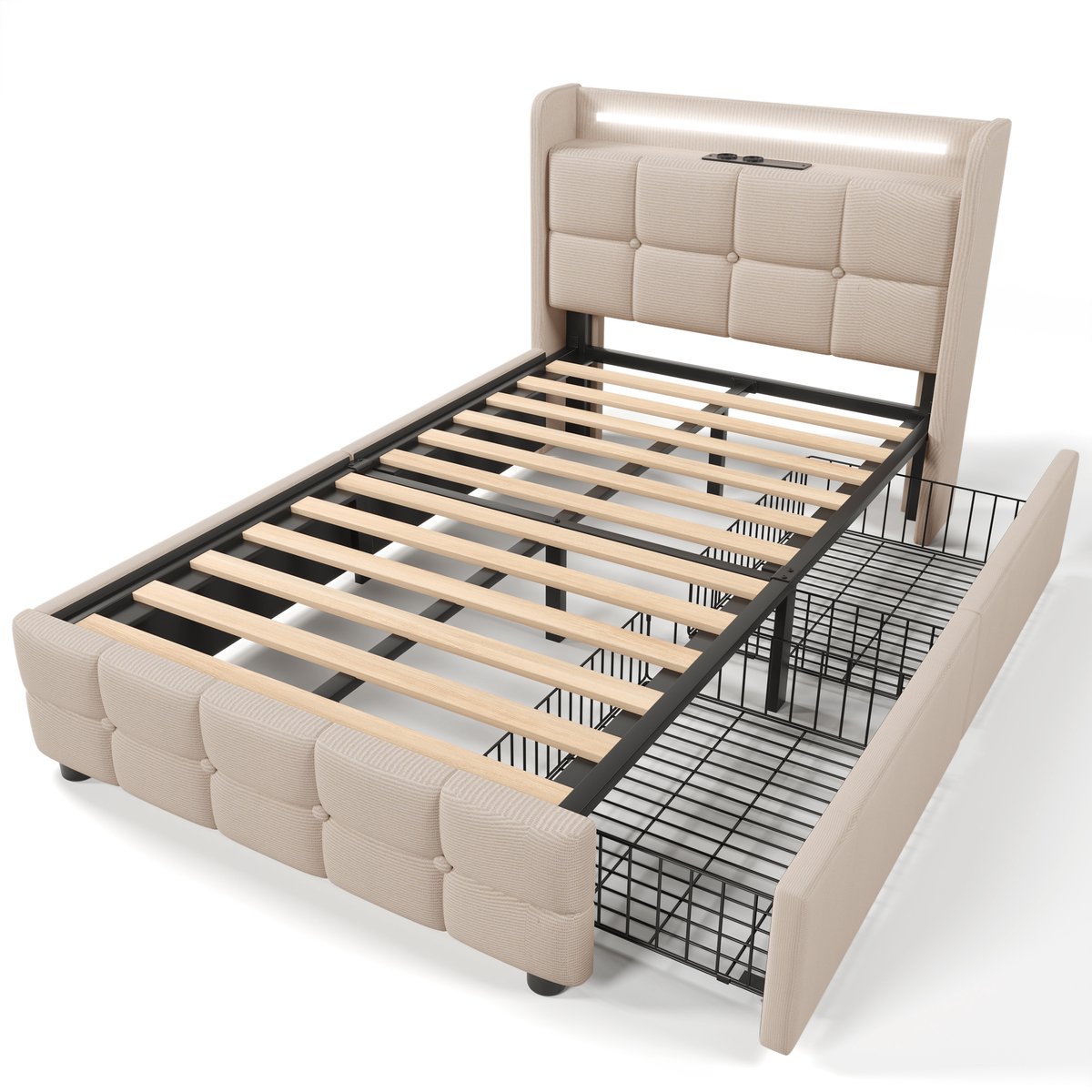 COVREO Bedframe 90x200 cm beige, stof, met LED en USB, zonder matras