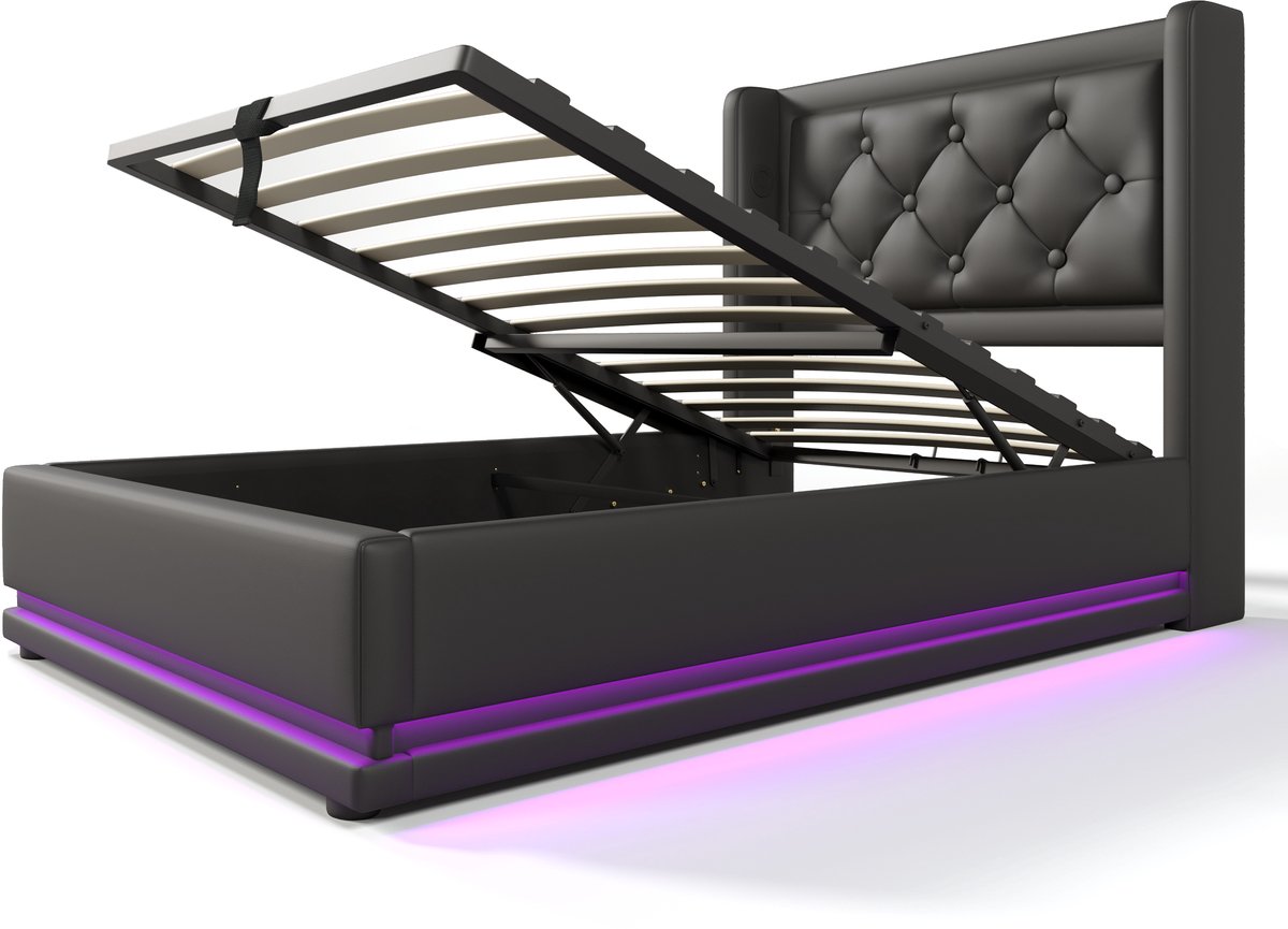 COVREO Bedframe 90x200 cm zwart PU, opbergruimte, USB-C, zonder matras
