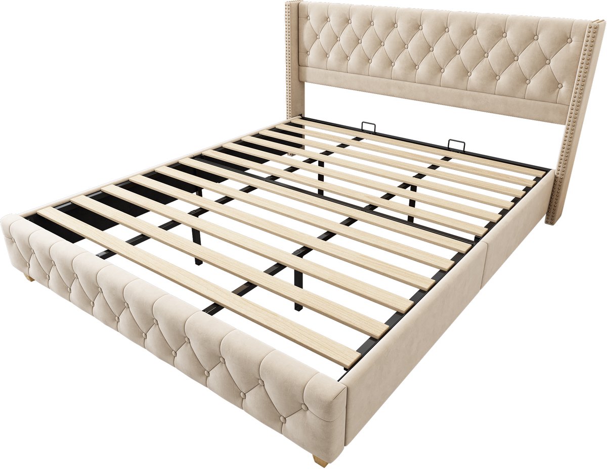 Gestoffeerd bed van 180 x 200 cm, met lattenbodem en hoofdbord, bekleed met knopen en sier