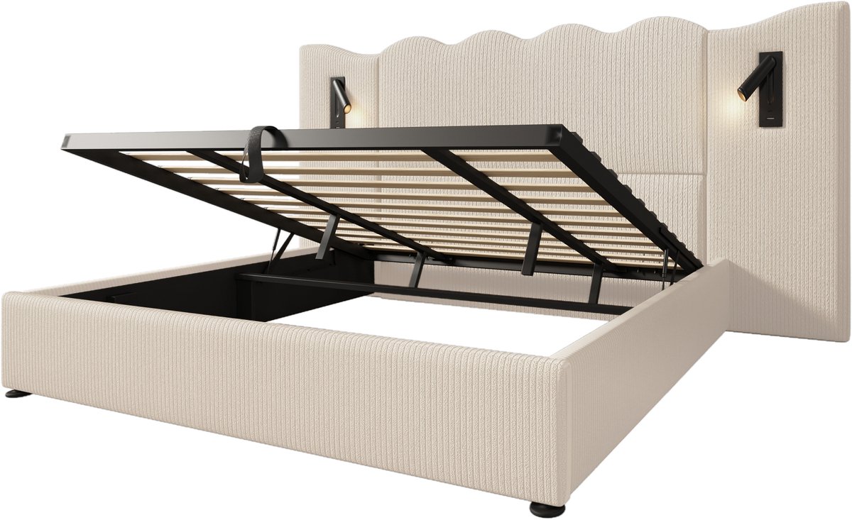 COVREO Bed 180x200 cm beige wit, cordstof en metaal met opbergruimte