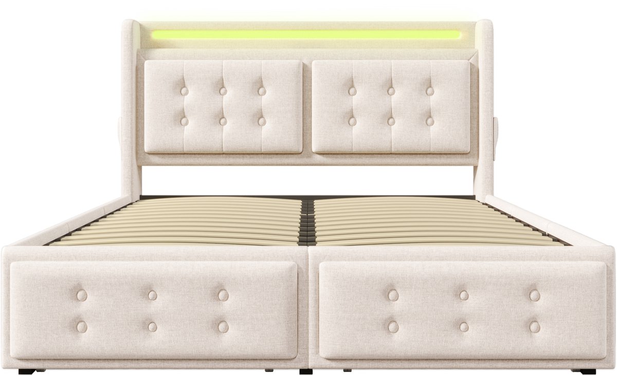 COVREO Bed met LED-hoofdbord en USB-C – 140x200 cm – Tweepersoonsbed met 4 lades – Opbergbed voor slaapkamer – Beige - zonder matras