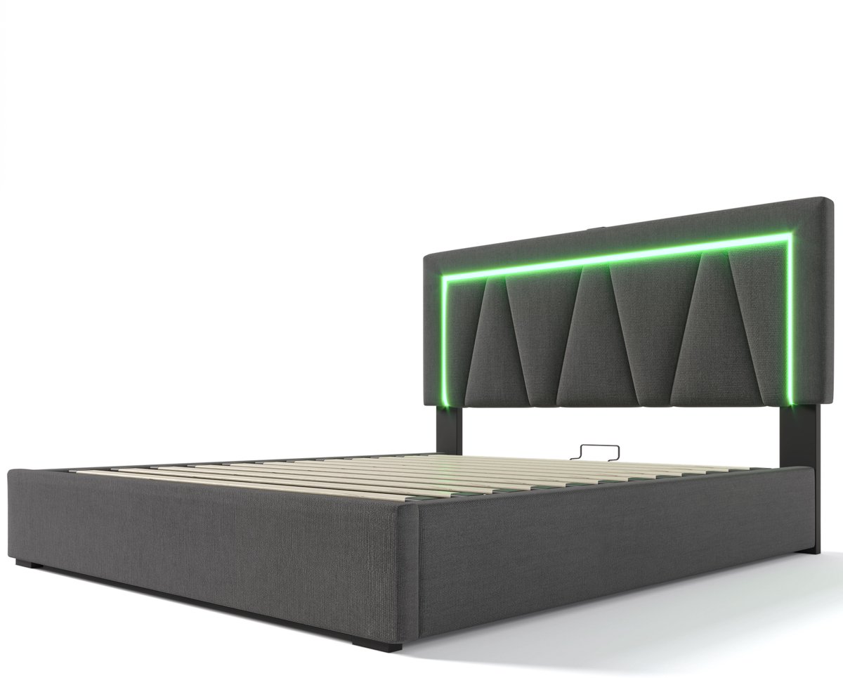 COVREO Bedframe 140x200 cm grijs, LED, USB C, opbergruimte, zonder matras