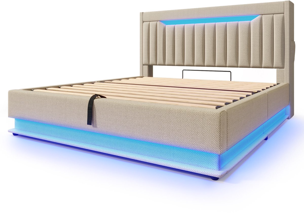 Gestoffeerd tweepersoonsbed van 160x200 cm met een hoofdbord voorzien van opbergruimte, USB- en Type-C-aansluitingen, ledverlichting aan het hoofd- en voeteneinde, hydraulische opbergruimte en beige linnen bekleding. (Matras niet inbegrepen)