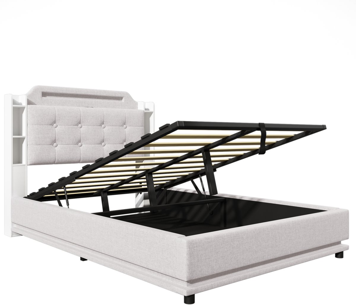 COVREO Gestoffeerd bed met opbergruimte – 140x200 cm – Bedframe met LED en USB-C – voor slaapkamer – Beige - zonder matras