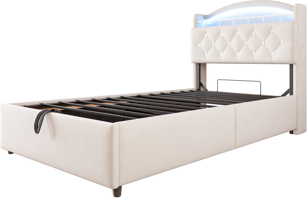 COVREO Bedframe 90x200 cm beige stof met opbergruimte zonder matras