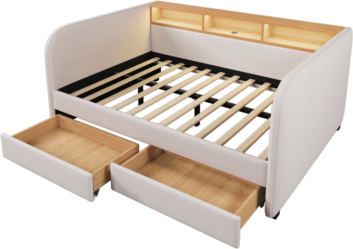 COVREO Slaapbank met LED en USB-C – 153x196x65 cm – Bed met 2 lades en opbergruimte – 140x190 cm matras – Hellbeige - zonder matras