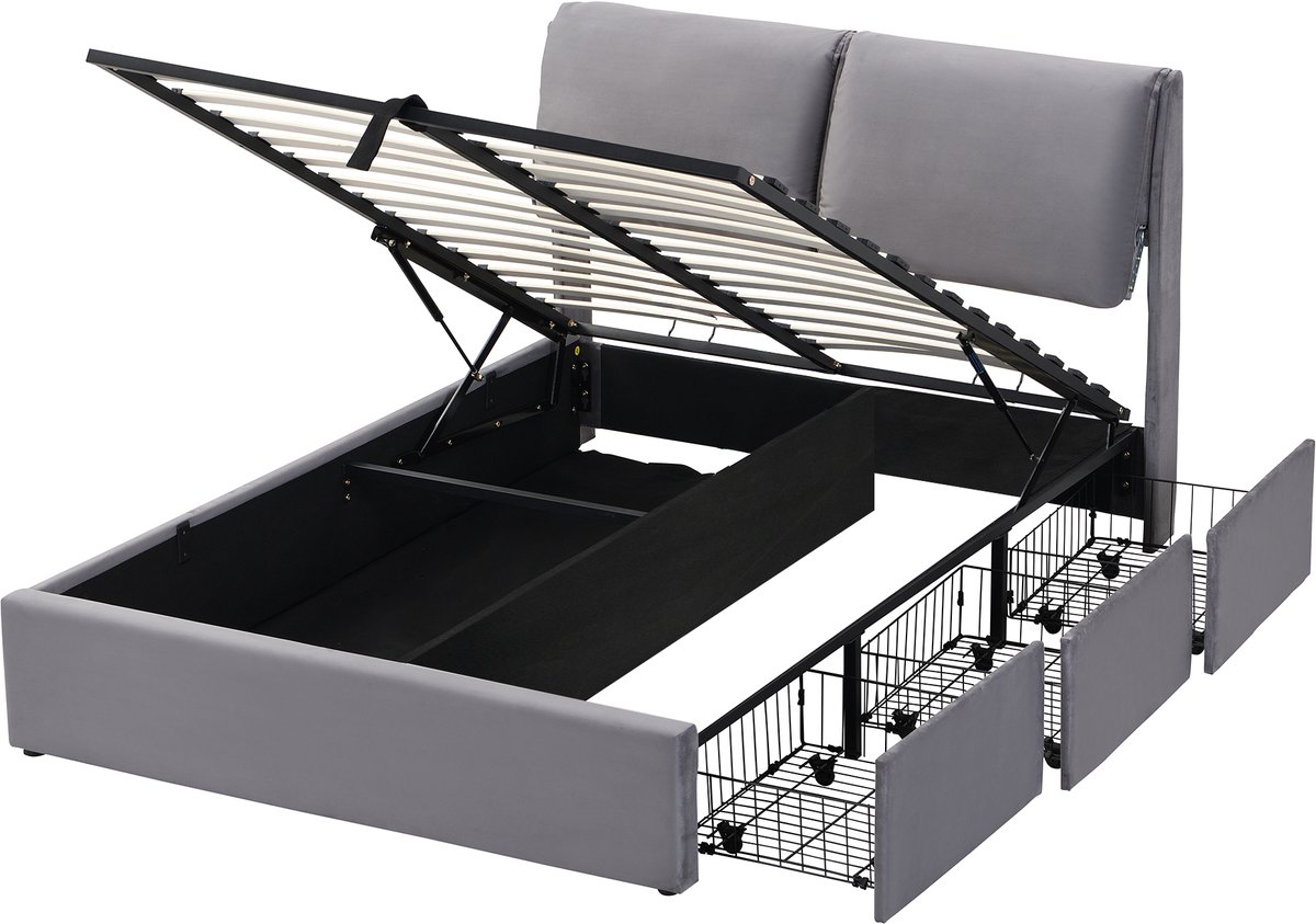 COVREO Bed met opbergruimte en hoofdbord – 210x141x102 cm – Tweepersoons bedframe met 3 lades – Hydraulisch model – Grijs - zonder matras