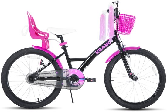 Zwarte kinderfiets met roze spatborden, roze mandje, roze zitje en roze decoratie.