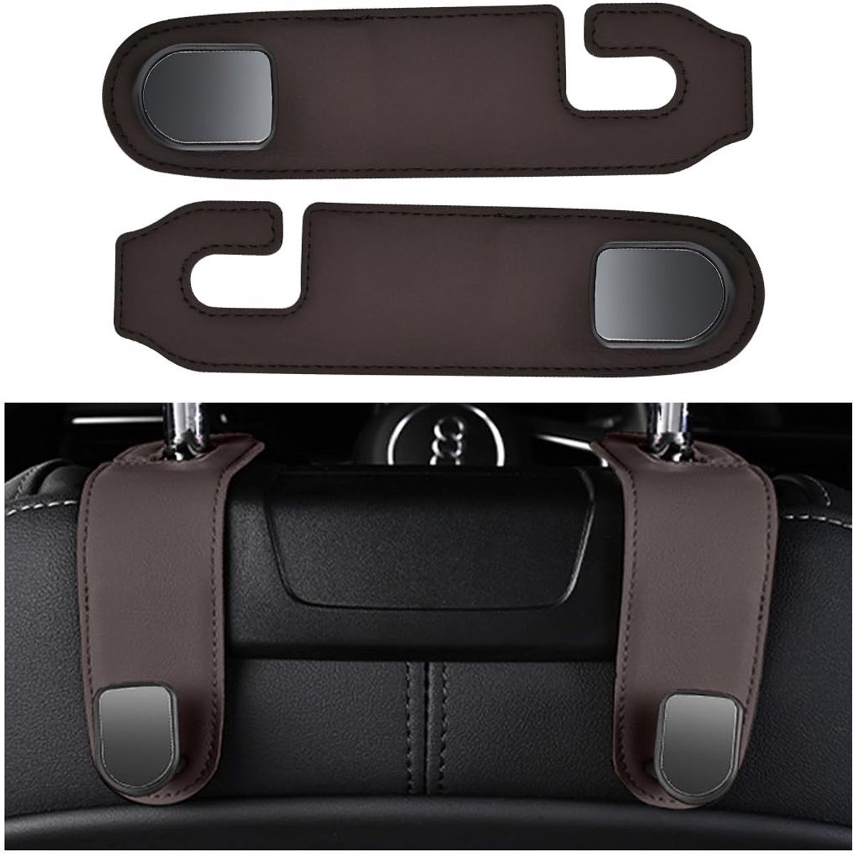 Dailygoods- Hoofdsteunhaak 2 Stuks - Multifunctionele Haken - Duurzaam Microvezelleer - Universele Haak - Zwart/Bruin - 16 x 2,5 cm - Autohaak