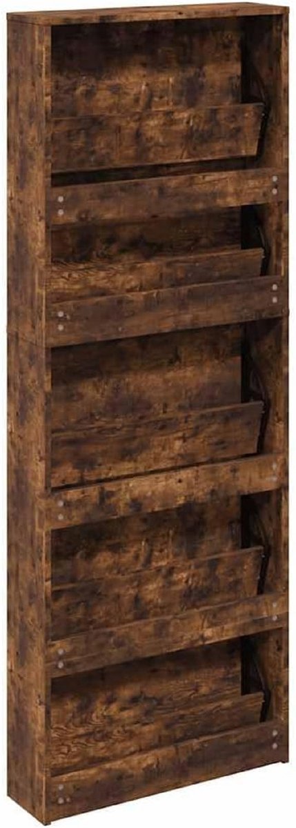 Schoenenkast met Spiegel – House&Garden – 5 Kiepvakken Schoenenrek – Smalle Hal Kast 17 cm Diep – Rookeiken – Wandmontage Schoenenopberger – 63x17x169,5 cm – Modern Entree Meubel