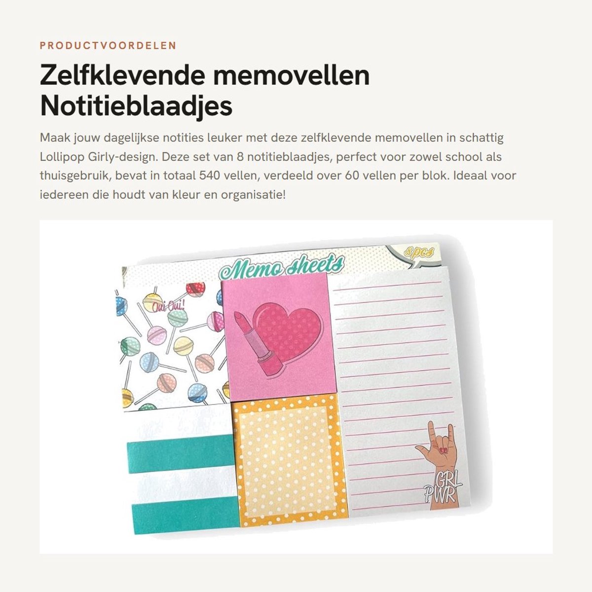 Dailygoods- Memovellen Zelfklevend - Set van 8 - 540 Vellen - Lollipop Girly Design - Neonkleuren - Verschillende Maten - Notitieblokjes
