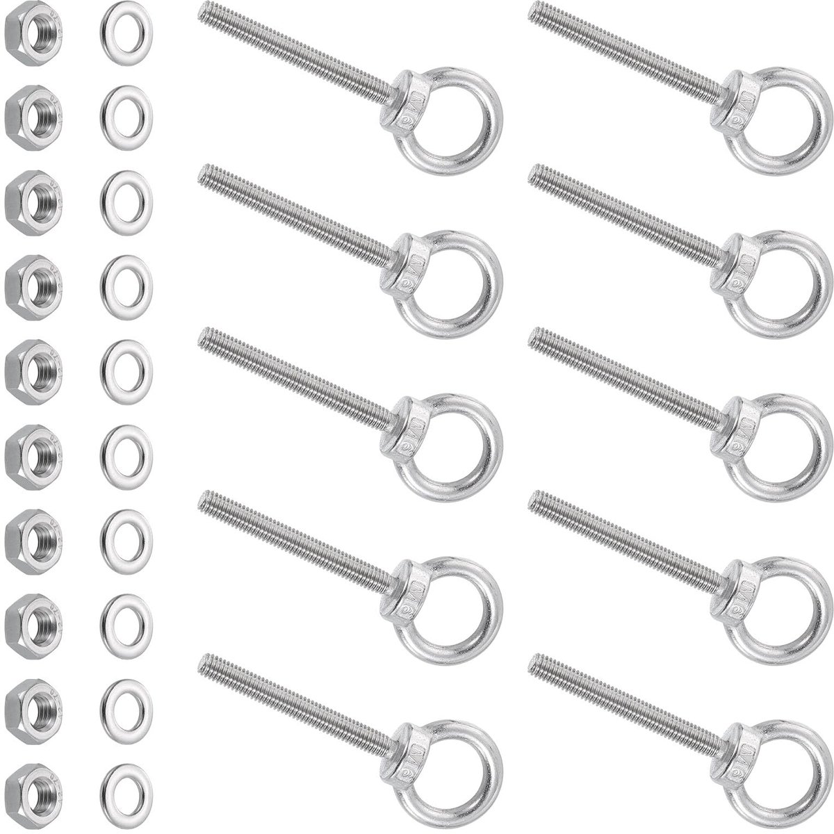 Dailygoods- Oogbouten 10 stuks M6 x 50 mm - Roestvrij Staal - Schroefdraad - Moeren/Ringen - Marine Kwaliteit - Duurzaam en Weerstand tegen Roest