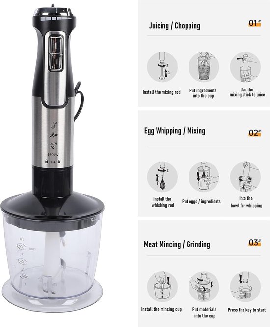 Handblender met accessoires - Staafmixer set - Maaltijden bereiden - Krachtige 300W motor - 500 ml beker - Zwart — afbeelding 4