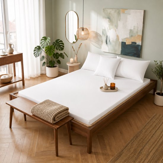 Un lit double fait avec un drap-housse blanc, des oreillers blancs et un jeté brun.
