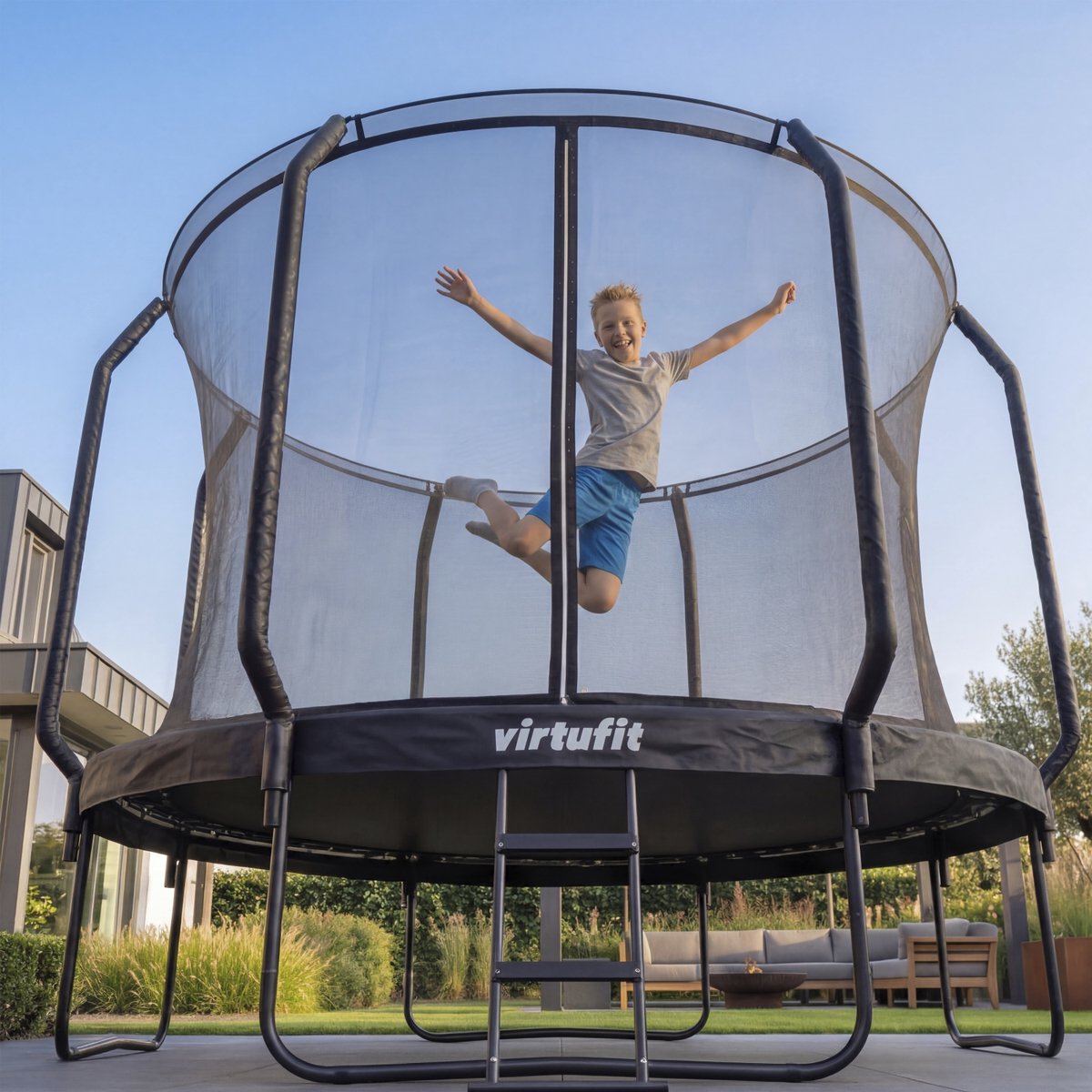 VirtuFit Premium Trampoline met Veiligheidsnet - Ø 366 cm Diameter - Incl. Beschermrand - Extra Veilig - Gratis trap - Water- en UV-bestendig - Max. 150 kg - Voor Kinderen en Volwassenen - Zwart – foto 5