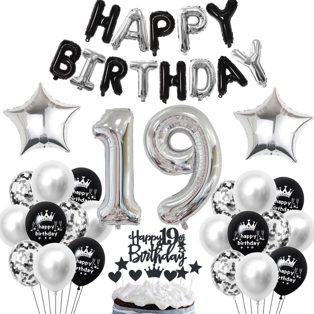 Dailygoods- Verjaardagsdecoratie 19 Jaar - Folieballonnen 81 "19" - Taartdecoratie - Happy Birthday-Banner - Latexballonnen - Verchroomde Ballonnen - Sterfolieballonnen - Feestdecoratie