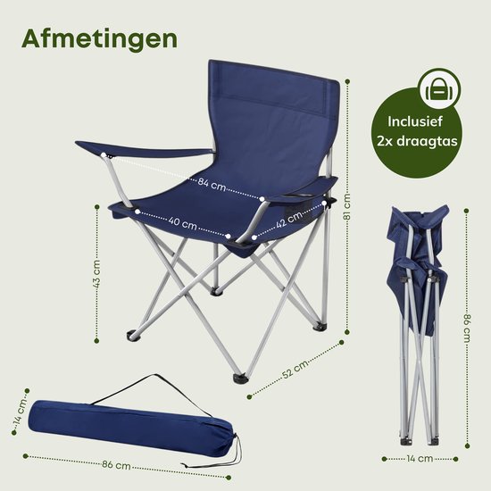Afmetingen blauwe ACAZA campingstoel: opengeklapt, ingeklapt en in draagtas (86 cm).