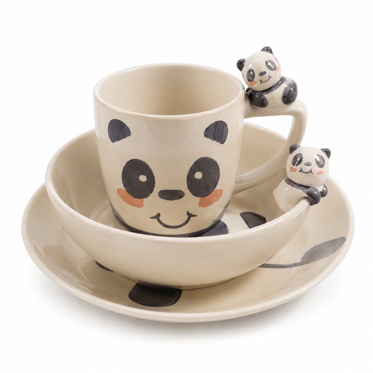 Kinderservies Panda 3-delig - Handgeschilderd Keramiek - Bord, Kom en Mok met 3D Panda