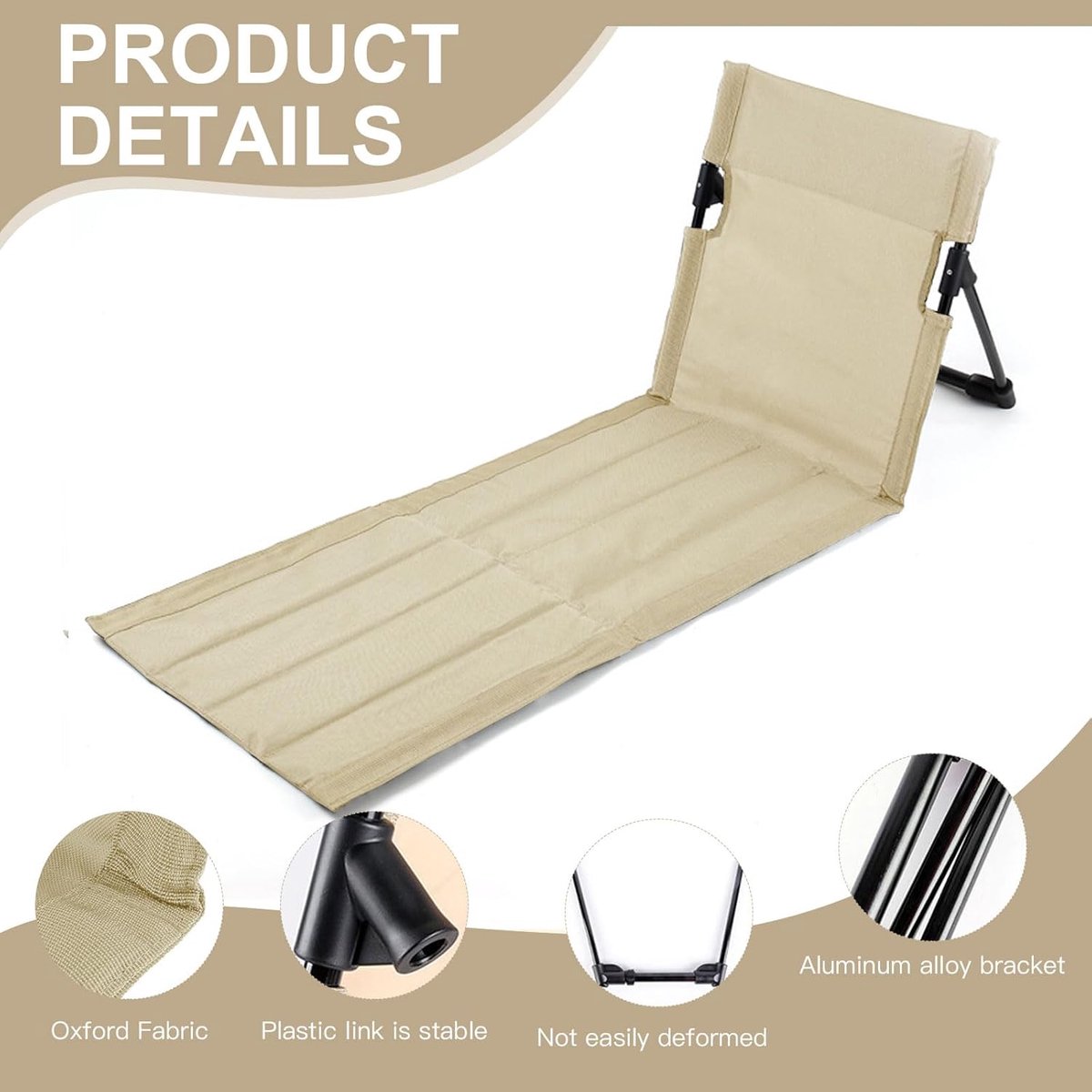 1-delige set - Strandmat met rugleuning - Strandstoel met rugleuning - Opvouwbare strandstoelmat - Draagbare strandstoel - Opvouwbare vloerstoel - Inclusief opbergtas - Geschikt voor strand, kamperen, enz. - 108*40.5cm - Beige — cadeau in Sport & Outdoor - foto 6