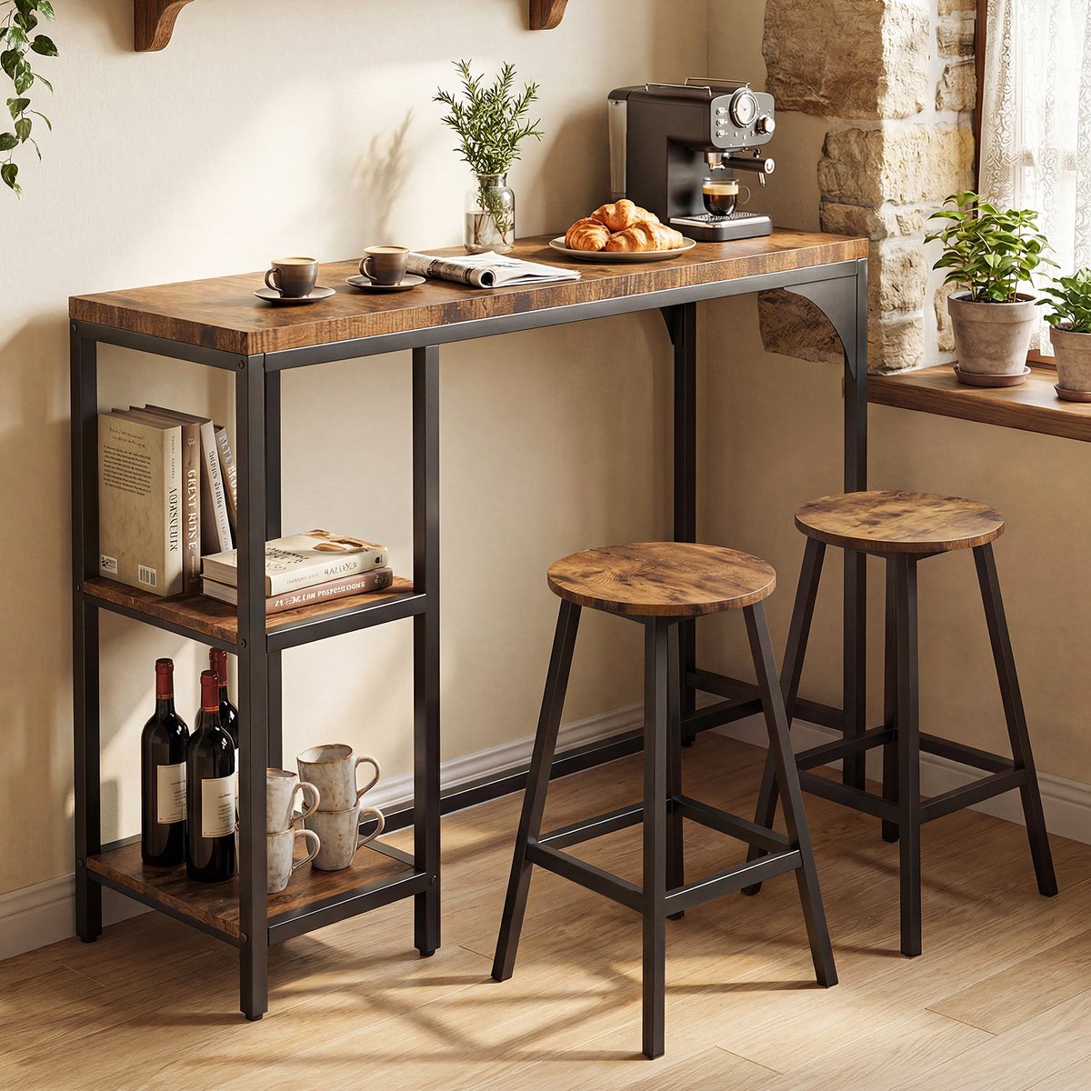 HOKEEPER Bartafel met barkrukken - Bartafel set voor 2 personen - Industriële keukentafel met 2 stoelen - Ruimtebesparende bartafel voor keuken, woonkamer en balkon - Retro