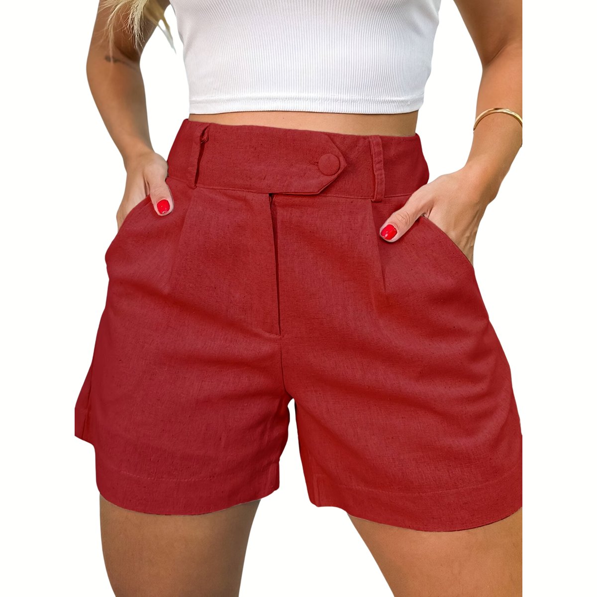 Currero Korte Linnen Broek Dames Zomerbroek Volwassenen Korte Broek Shorts Strandbroek Zomer Ibiza Stijl Rood
