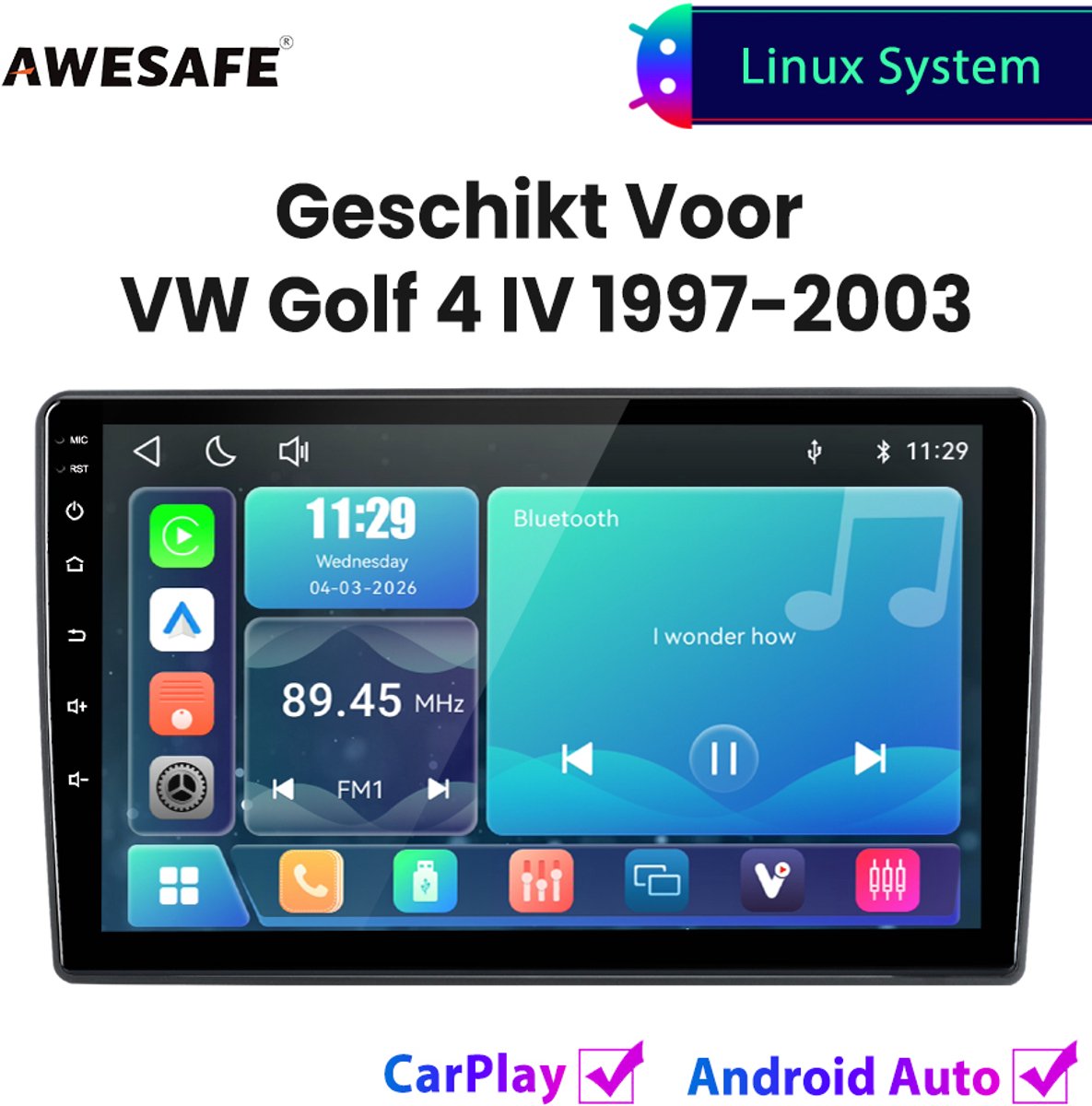 Awesafe Autoradio - Geschikt Voor Volkswagen VW Golf 4 IV 1997 t/m 2003 - Draadloos Carplay Android Auto - Linux systeem - Touchscreem - Bluetooth Wifi - 1997 1998 1999 2000 2001 2002 2003