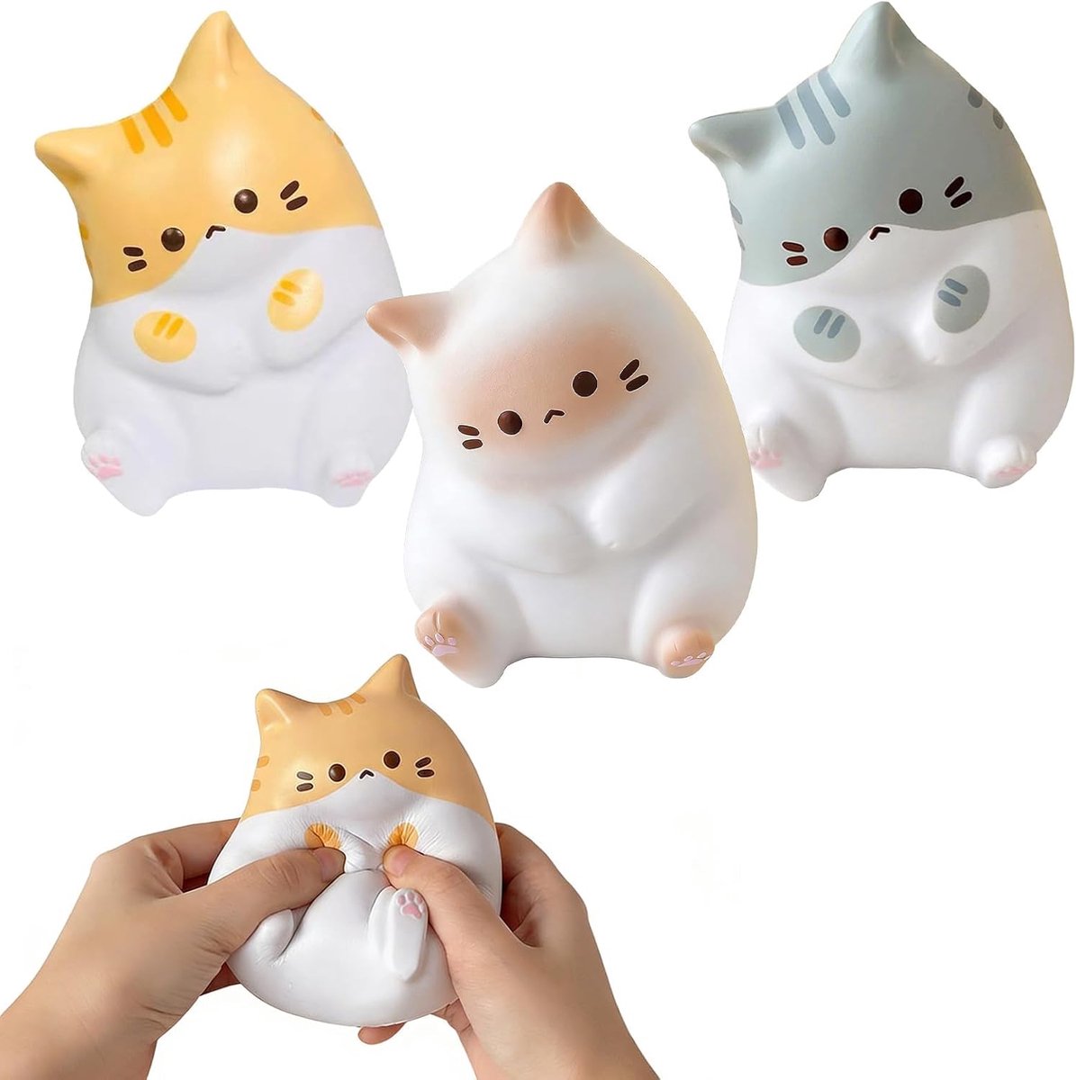 YAGXIG Zacht Squishy - Squishy - Stressbal in de vorm van een kat - Leuke sensorische bal - Zachte siliconen - Stressverlichtend speeltje - Geschikt voor kinderen en volwassenen - Ontspannend cadeau - 3 stuks