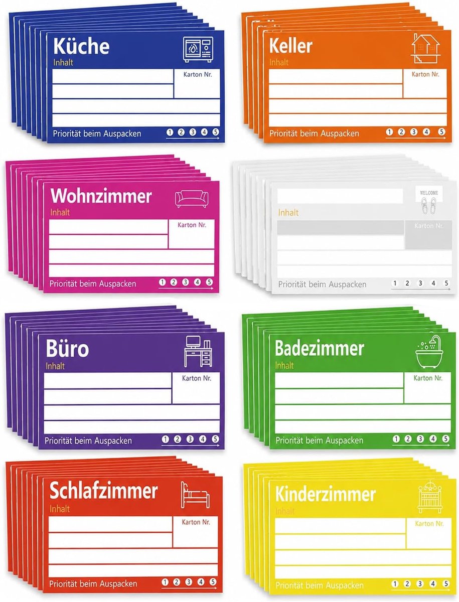 Verhuisetiketten - Verhuisstickers - Dozen Organiseren - 8 Kleuren Assortiment - 10x15 cm - Multicolor