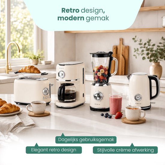 Emerio Retro Blender - 1,75L - Smoothie Maker met Glazen Kan - 5 snelheden - Pulsfunctie - RVS messen - 600W - BL-131620.7 Crème van Emerio — afbeelding 5